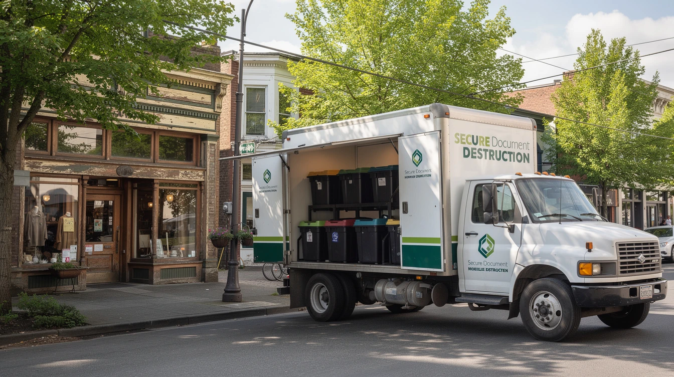 Mobile secure document destruction truck parked on a street for on-site shredding.