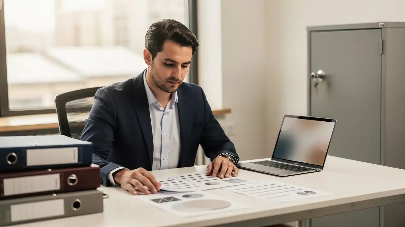 Professional reviewing documents at a desk near a locked filing cabinet